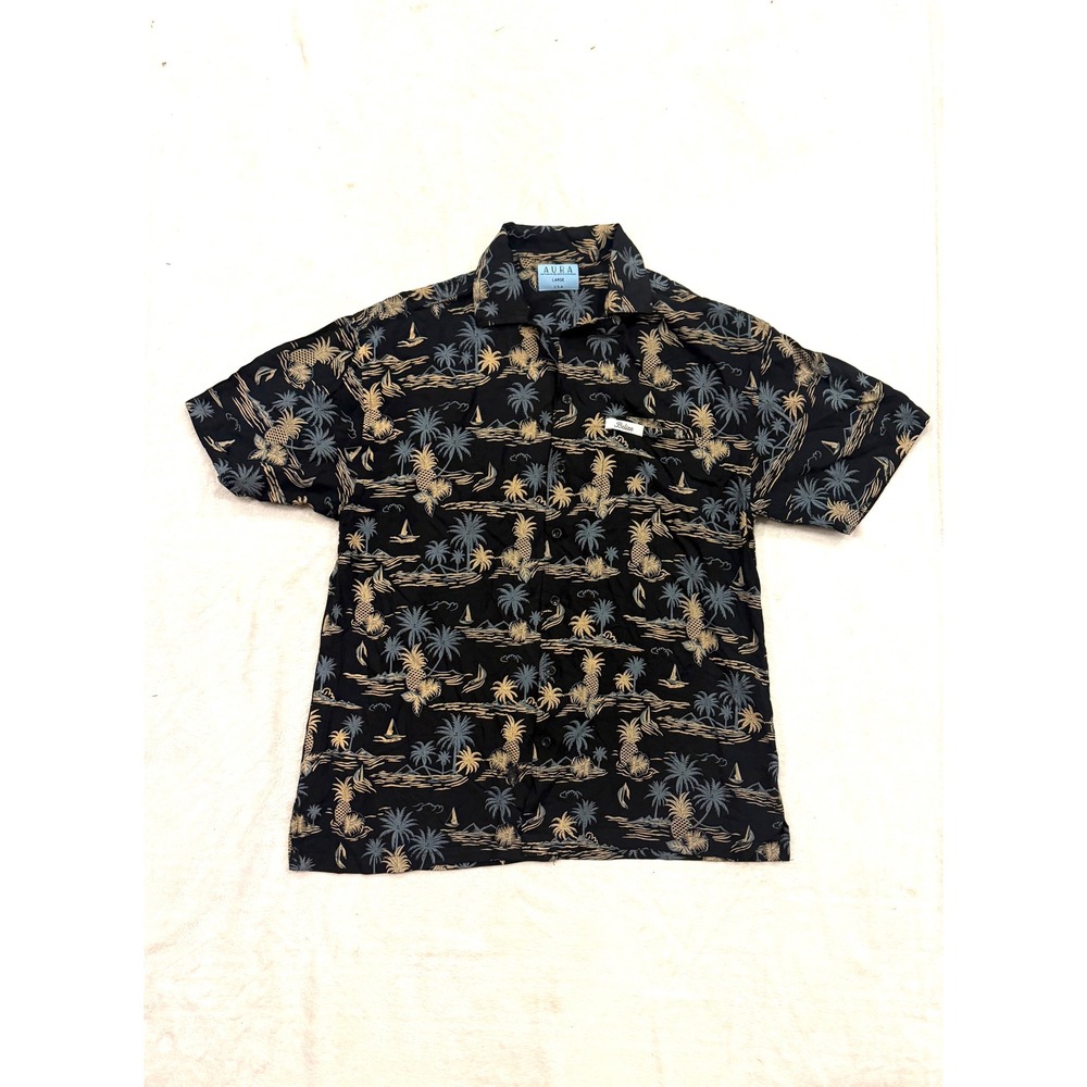 Aura Mens Large Tropical Pineapple Palm Tree‎ Short Sleeve Button Down Shirt USA